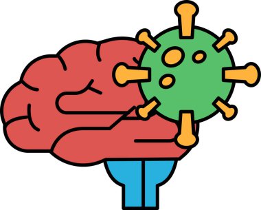 Ortasında yeşil bir virüs olan bir beyin çizimi. Bu çizimin amacı virüslerin beyni etkileyip zarar verebileceği fikrini aktarmak.