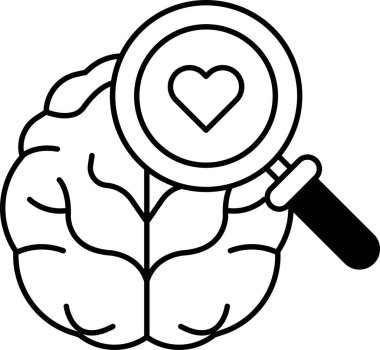 Ortasında kalp olan, üzerinde büyüteç olan bir beyin.