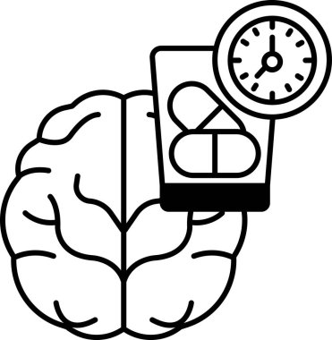 Üzerinde saat ve hap olan bir çizgi film beyni.