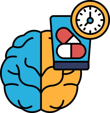 Üzerinde saat ve haplar olan bir çizgi film beyni. Saat 10: 00 'u gösteriyor.