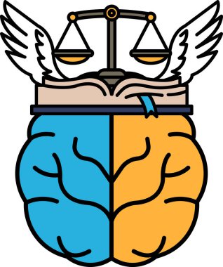 İki tarafında da iki kanadı olan bir beyin. Kanatlar beyaz, beyin mavi ve turuncu.