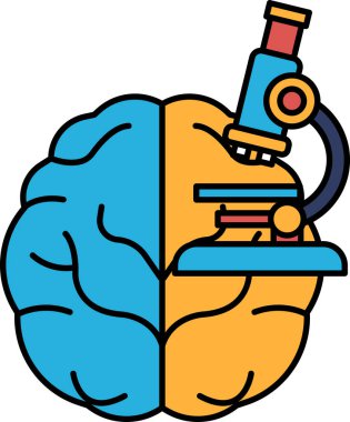 Üzerinde mikroskop olan bir beyin. Mikroskop beynin sağ tarafındadır. Beyin mavi ve sarıdır.