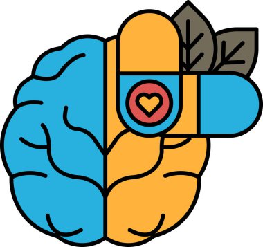 Üzerinde kalp olan bir beyin. Kalp mavi ve beyin sarıdır. Kalp mavi bir çemberle çevrilidir.
