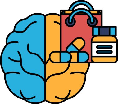 Alışveriş torbası ve bir şişe haplı bir beyin. Beyin mavi ve sarıdır.