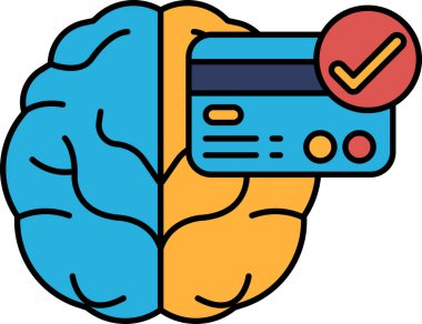 Üzerinde kredi kartı olan bir beyin. Beyin mavi ve turuncu