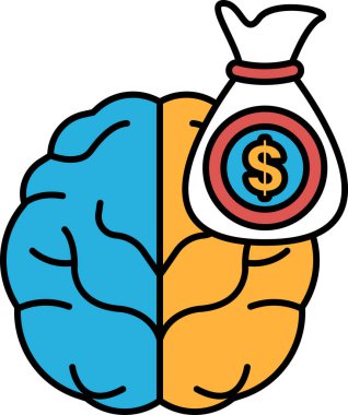 Ortada bir dolarlık banknot olan bir beyin. Beyin ikiye bölünür, biri mavi ve biri turuncu. Dolar banknotu beynin ortasına yerleştirilir, beynin mavi yarısı da sol tarafına.
