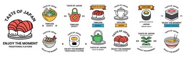 Japon yemeği kavramının çizim tarzında bir dizi çizim.