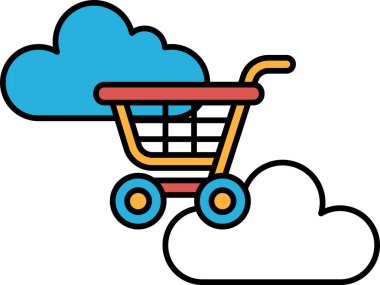 Bir alışveriş arabası bulutun üzerine çizilir. Araba turuncu ve mavi.