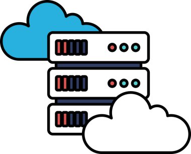 Üzerine üç sunucu yığılmış bir bulut. Sunucular beyaz ve bulut mavi.