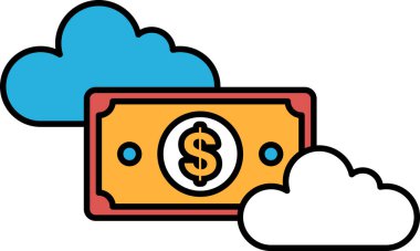 Arka planda bulut olan bir dolarlık banknot gösteriliyor. Dolar banknotu sarı ve kırmızıdır.