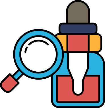 Üstünde büyüteç olan bir ilaç şişesi. Şişe mavi ve büyüteç kırmızı.