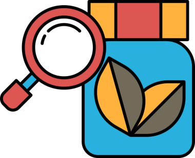 Üzerinde büyüteç olan bir kavanoz. Kavanoz mavi ve üzerinde sarı bir yaprak var.