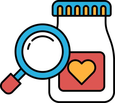 Üzerinde büyüteç ve kavanozda kalp olan bir kavanoz. Kavanoz kırmızı ve beyaz.