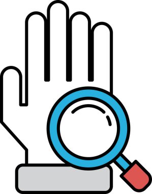 Üzerinde büyüteç olan bir el. El beyaz ve büyüteç mavi.