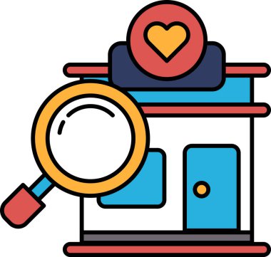 Üzerinde büyüteç ve tepesinde kalp olan bir bina. Bina bir mağaza ve büyüteç de bir şeyi aramanın sembolü.