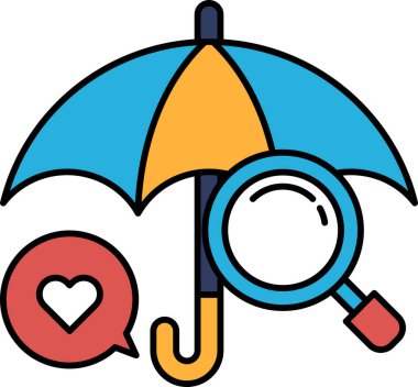 Kırmızı kalpli, mavi ve sarı bir şemsiye ve büyüteç. Şemsiye açık ve içinde kalp var.