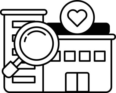 Üzerinde büyüteç ve üstünde kalp olan bir bina.