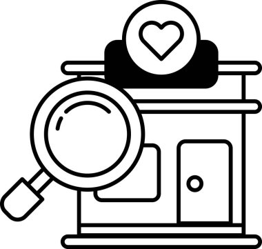 Üzerinde büyüteç ve üstünde kalp olan bir bina.