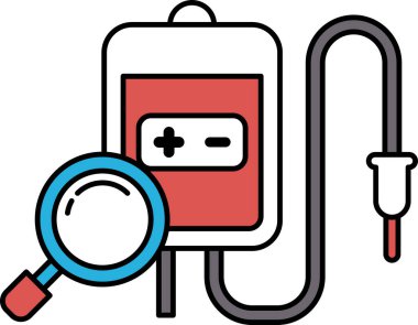 Üzerinde büyüteç olan kırmızı ve mavi bir tıbbi cihaz. Cihaz bir tansiyon monitörü.