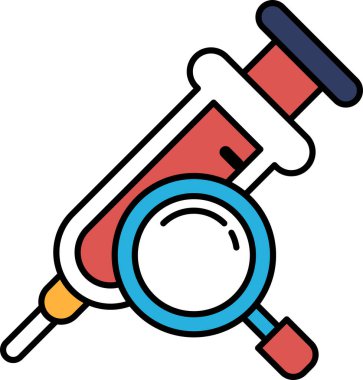 Üzerinde büyüteç olan kırmızı bir şırınga. Şırınga bir insana bir şey enjekte etmek için kullanılıyor.