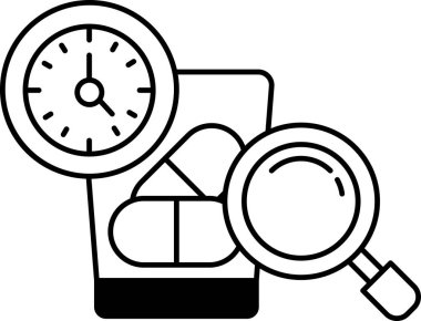 Bir saat, bir büyüteç ve bir şişe hapla gösterilir.