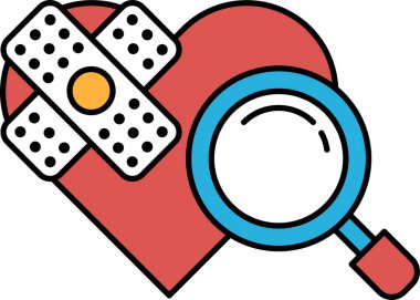 Üzerinde bandaj olan bir kalp ve üzerinde bir büyüteç.