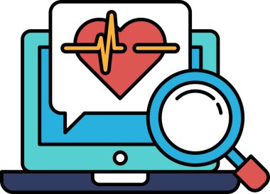 Üzerinde kalp ve büyüteç olan bir bilgisayar monitörü. Kalp kırmızı ve büyüteç mavi.