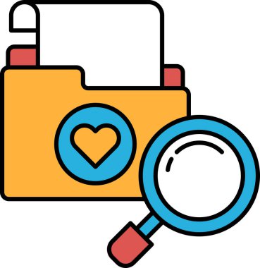 Üzerinde kalp ve büyüteç olan sarı bir dosya. Kalp aşkı sembolize eder ve büyüteç de ayrıntılara daha yakından bakma fikrini temsil eder.