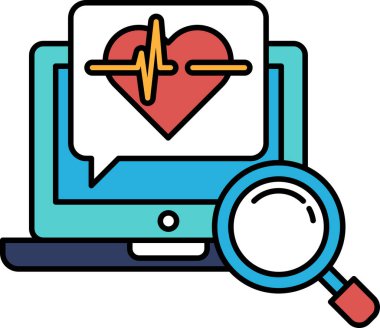 Üzerinde kalp ve büyüteç olan bir bilgisayar monitörü. Kalp kırmızı ve büyüteç mavi.