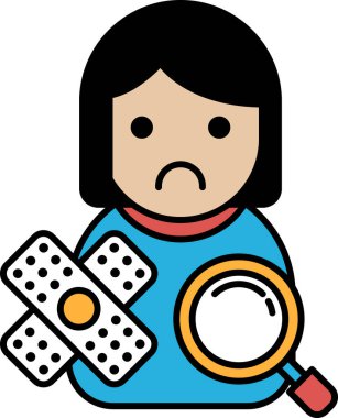 Kolu bandajlı bir kız büyütece bakıyor. Kız üzgün ve büyüteç de acısının sembolü.