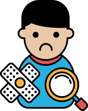 Bir çocuk bandaj tutuyor ve büyüteçten bakıyor. Çocuk üzgün ya da üzgün görünüyor.