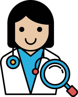 Bir kadın doktor gülümsüyor ve elinde bir büyüteç tutuyor. Profesyonellik ve uzmanlık kavramının yanı sıra dostane ve cana yakın bir tavır.