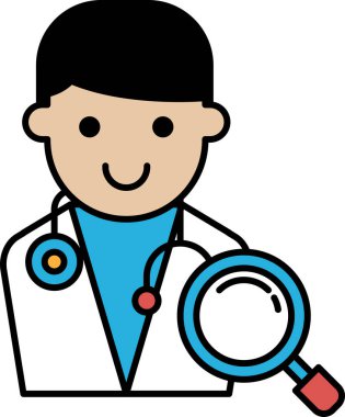 Bir çizgi film doktoru elinde büyüteç tutuyor ve gülümsüyor. Merak kavramı ve tıbbi bakıma karşı olumlu tavır.