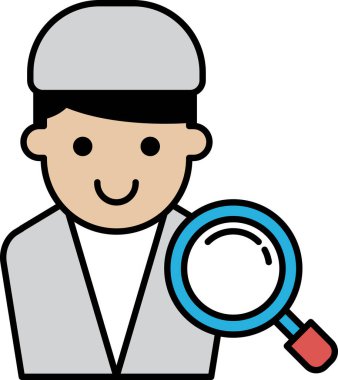 Mavi büyüteçli bir adam gülümsüyor. Merak ve keşif kavramı