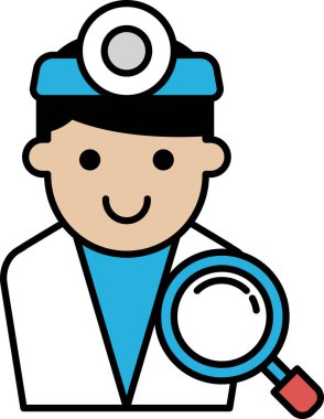 Bir çizgi film doktoru elinde büyüteç tutuyor ve gülümsüyor. Meraklı ve cana yakın, cana yakın bir davranış.