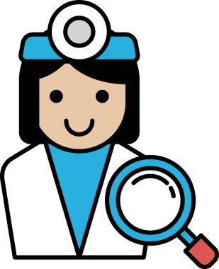 Bir kadın doktor gülümsüyor ve elinde bir büyüteç tutuyor. Meraklı ve cana yakın, cana yakın bir davranış.