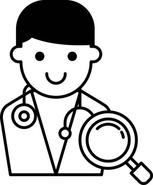 Bir çizgi film doktoru elinde bir büyüteç tutuyor ve gülümsüyor.