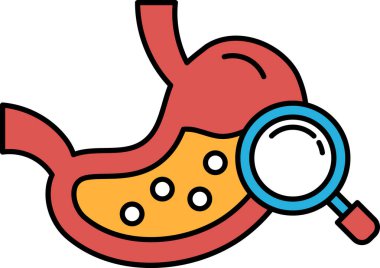 Üzerinde büyüteç olan bir mide karikatürü. Midesi kırmızı ve turuncu, büyüteç ise mavi.