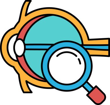 Üzerinde bir büyüteç olan renkli bir göz çizimi. Göz mavi bir daire ve kırmızı bir daire ile çevrilidir. Çizimin odak noktası gözdür.