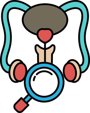 Üzerinde büyüteç olan bir erkek organı karikatürü. Çizim mavi ve kırmızı renkte.