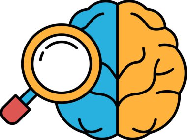 Üzerinde büyüteç olan bir beyin. Beyin ikiye bölünür, biri mavi ve biri sarı.