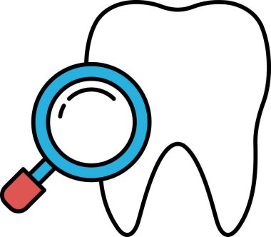 Üzerinde büyüteç olan bir diş büyütülür. Diş beyaz ve üzerinde mavi bir çizgi var.