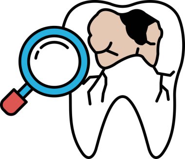 Üzerinde büyüteç olan bir diş karikatürü çizimi. Diş minesinin bir kısmı eksik ve çizim diş hijyeninin önemini göstermek için.