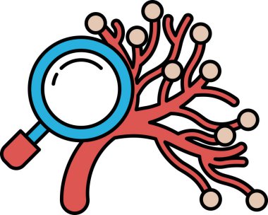 Üzerinde büyüteç olan bir kan damarının yakın çekimi. Ağaç, ağaçtaki damarları temsil edebilecek birçok küçük çemberle çevrilidir. Merak ve keşif kavramı