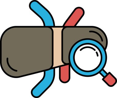 Üzerinde büyüteç olan bir karaciğer karikatürü. Karaciğer karikatür şeklinde gösterilir, sarımsı bir renkle. Büyüteç mavi ve kırmızı. Karaciğeri muayene etme kavramı