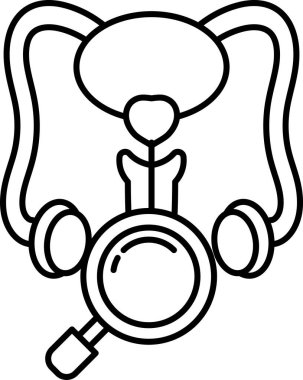 Üzerinde büyüteç olan bir erkek organı karikatürü. Çizim mavi ve kırmızı renkte.