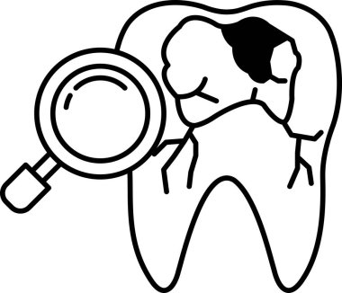 Üzerinde büyüteç olan bir diş karikatürü.