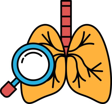 Üzerinde büyüteç olan bir akciğere yakın çekim. Akciğer turuncu ve büyüteç mavi. Merak ve keşif kavramı