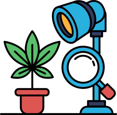 Bir bitki bir büyüteçin yanındadır. Bitki yeşil ve yaprakları var. Büyüteç mavi ve kırmızı saplı. Merak ve keşif kavramı