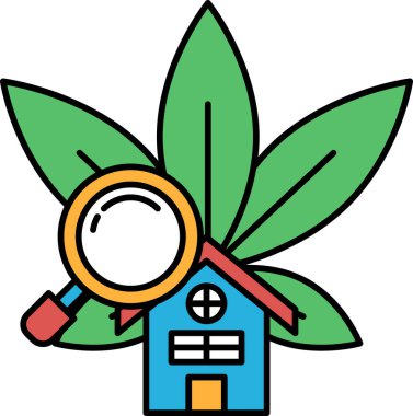 Üzerinde büyüteç olan bir ev gösteriliyor. Ev mavi ve büyüteç de sarı. Ev yeşil bir yaprak ile çevrili.